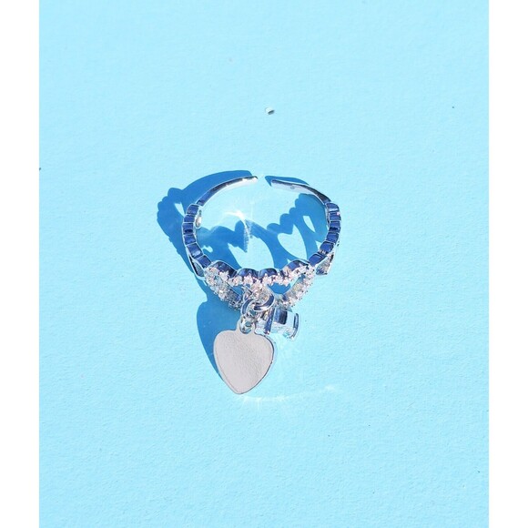 Silver Double Dangle Heart Adjustable Rhinestone Ring - Picture 2 of 6